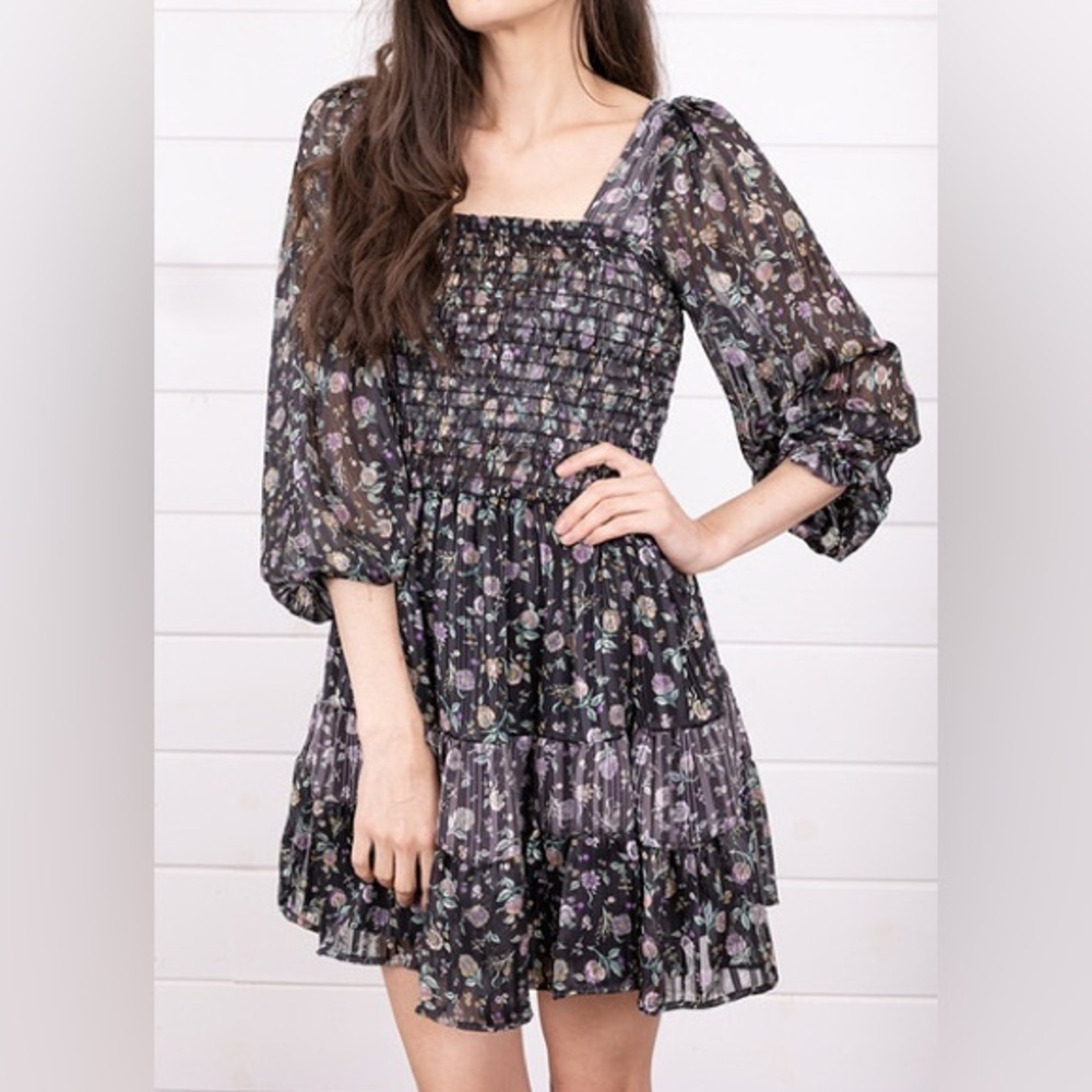 NWT Self Contrast Smocked Floral Mini Dress Long Sleeve XS | Anthropologie